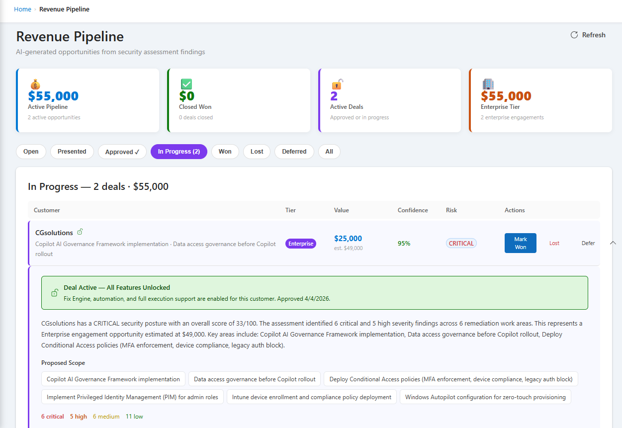 Revenue pipeline with deal tracking and estimated values
