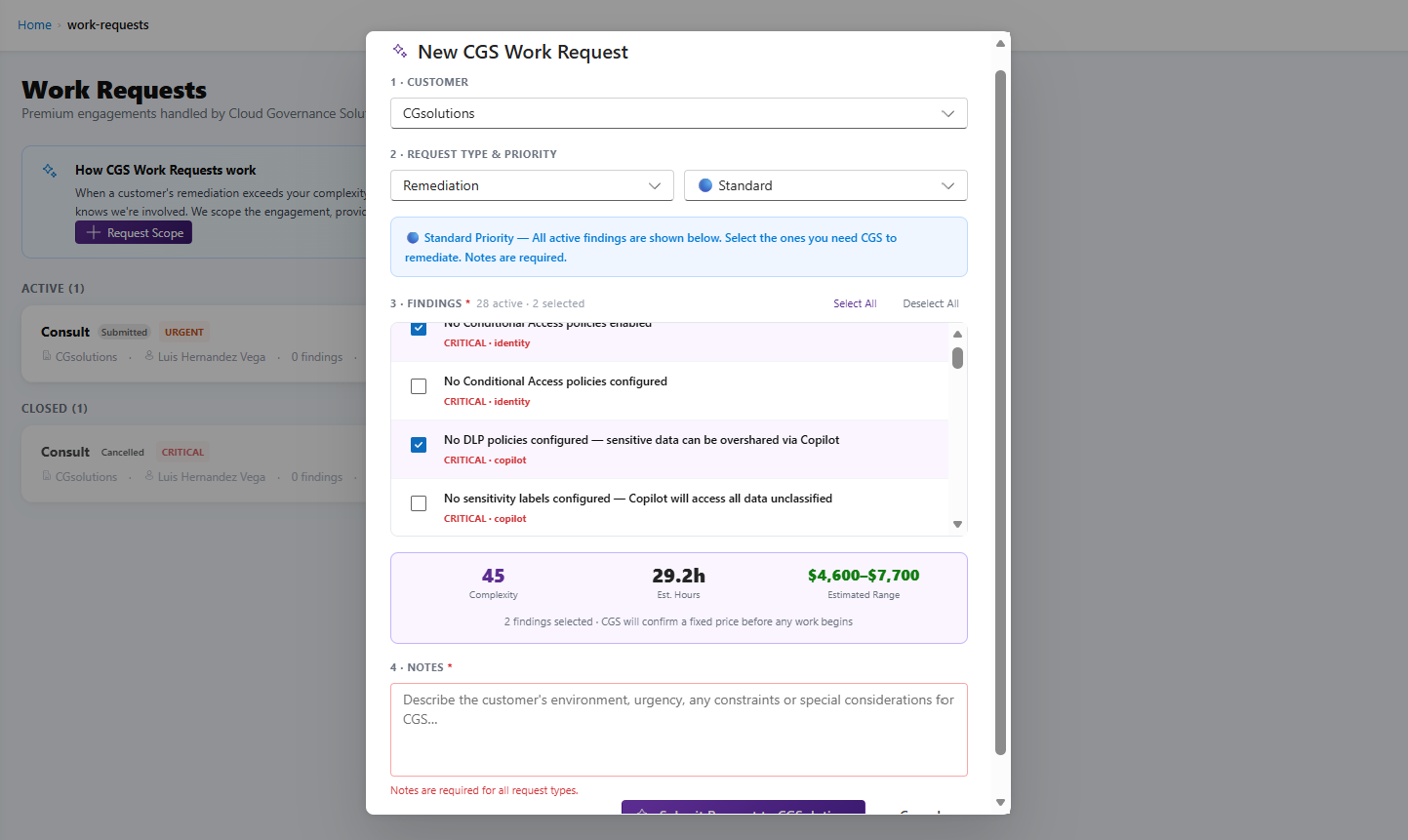 Work request form with AI-estimated cost ranges